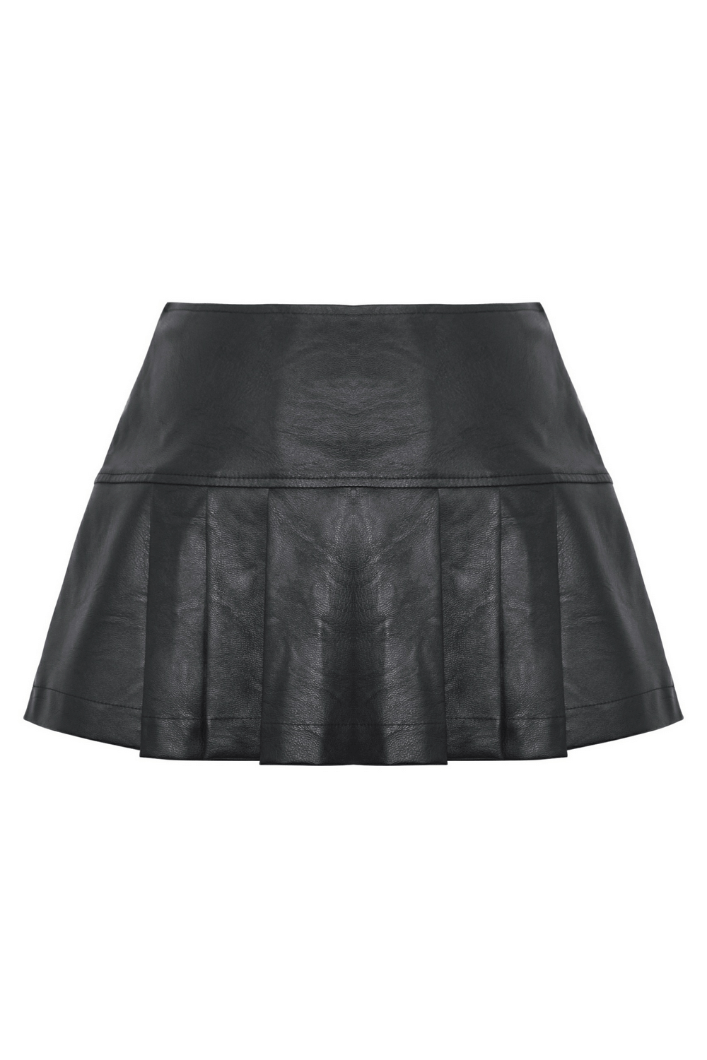 Stylish black faux leather pleated mini skirt with metal buckle, perfect for a gothic punk look.