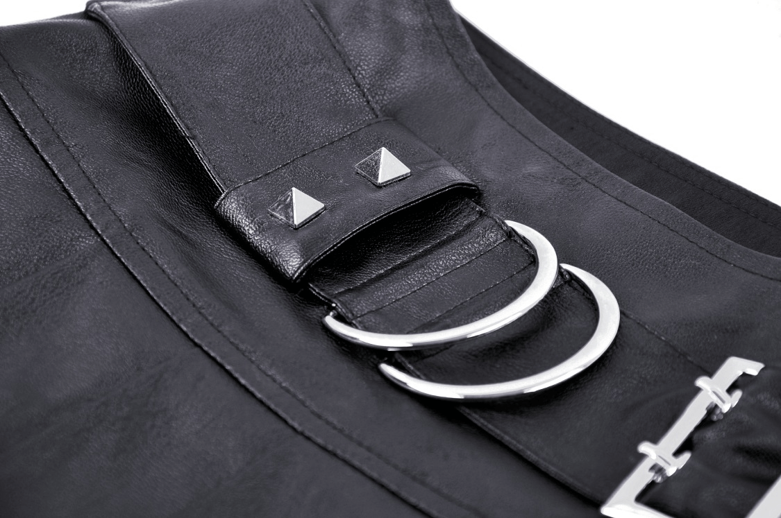 Close-up of stylish black faux leather mini skirt featuring edgy pleated design and shiny metal buckle details.