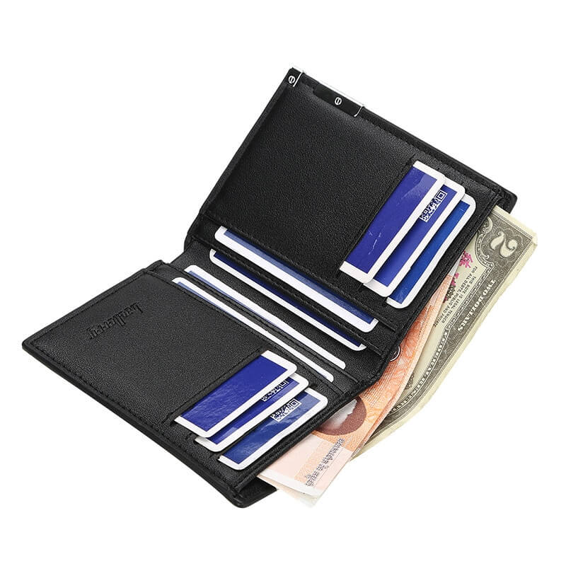 Stylish faux leather wallet with multiple card and ID holders, featuring a sleek black design and cash compartment.