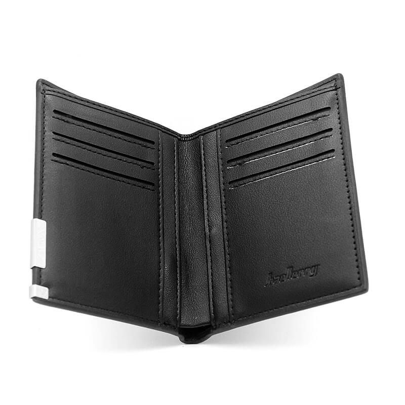Stylish faux leather wallet open showing multiple card and ID holders for men.