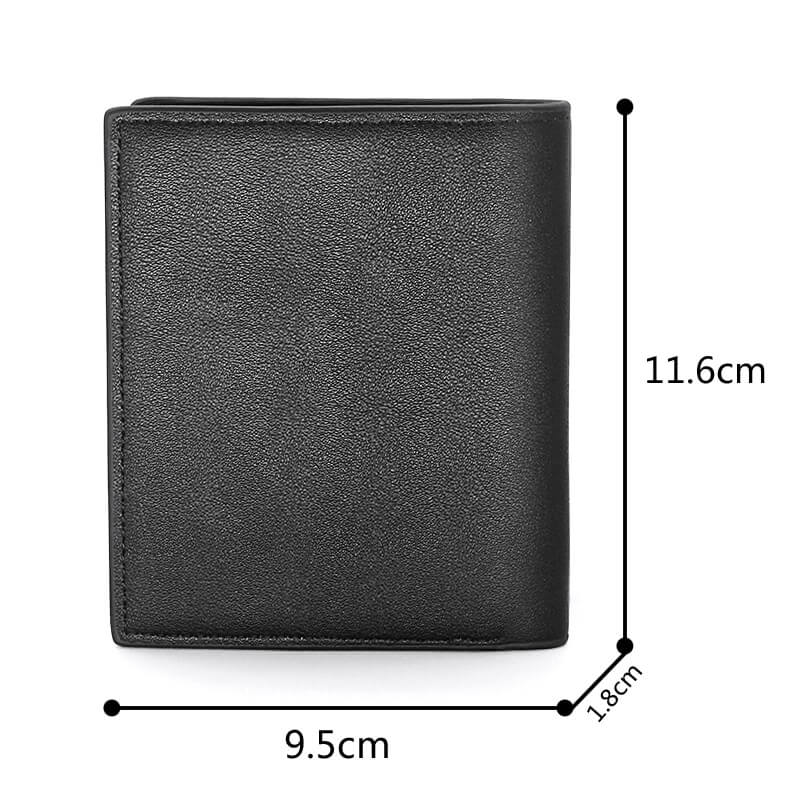 Stylish black faux leather wallet dimensions 9.5cm x 11.6cm x 1.8cm, perfect for cards and IDs.