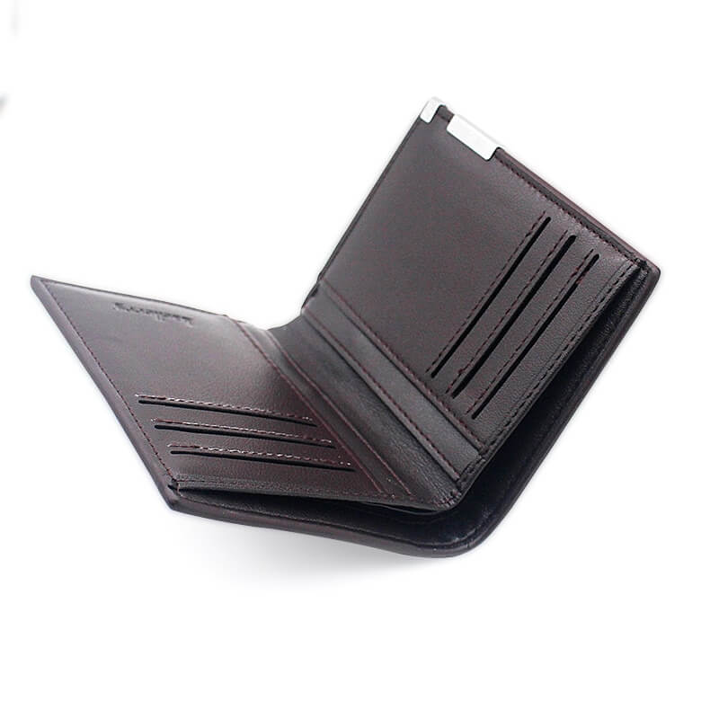 Stylish faux leather wallet open, featuring multiple card holders and a sleek design for men.