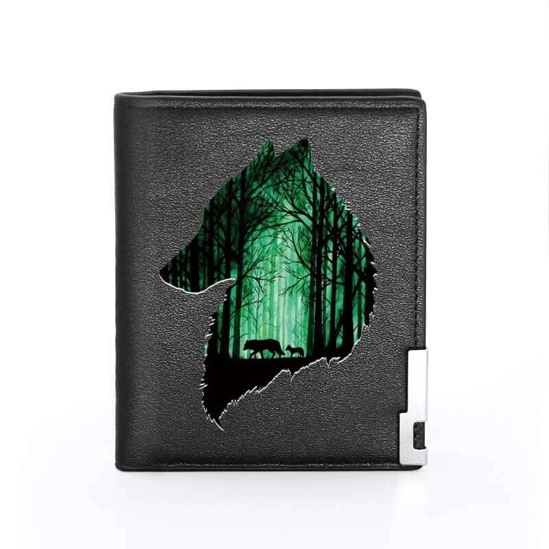 Stylish faux leather wallet with wolf print and forest design, perfect for organizing cards and IDs.