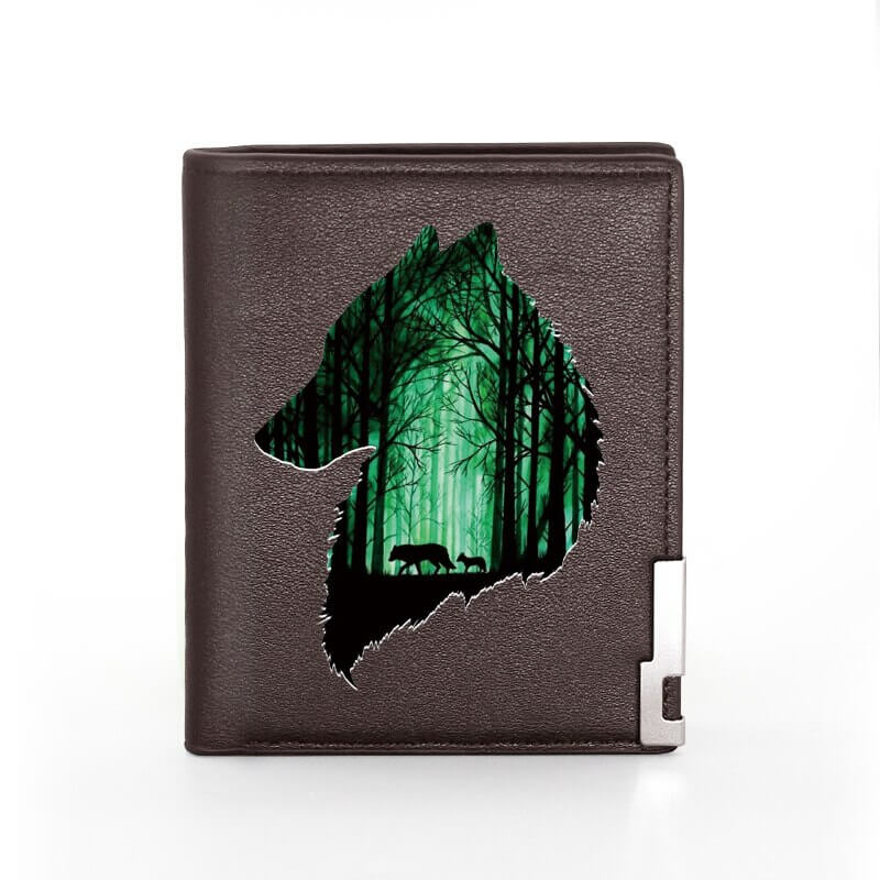 Stylish faux leather wallet with wolf silhouette and forest print, perfect for men who value unique accessories.