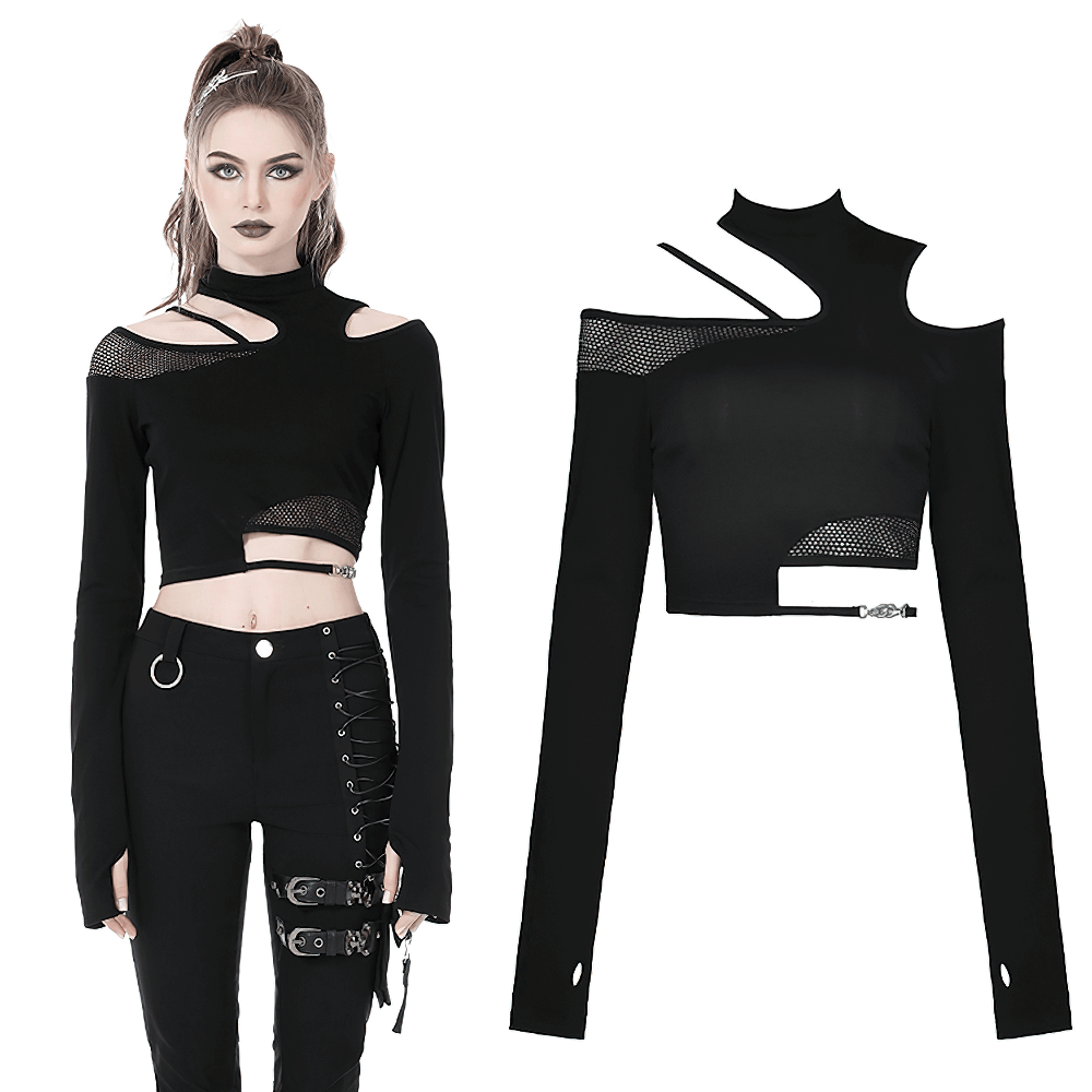 Stylish black asymmetrical off-the-shoulder punk top with cut-outs and long sleeves for a gothic aesthetic.