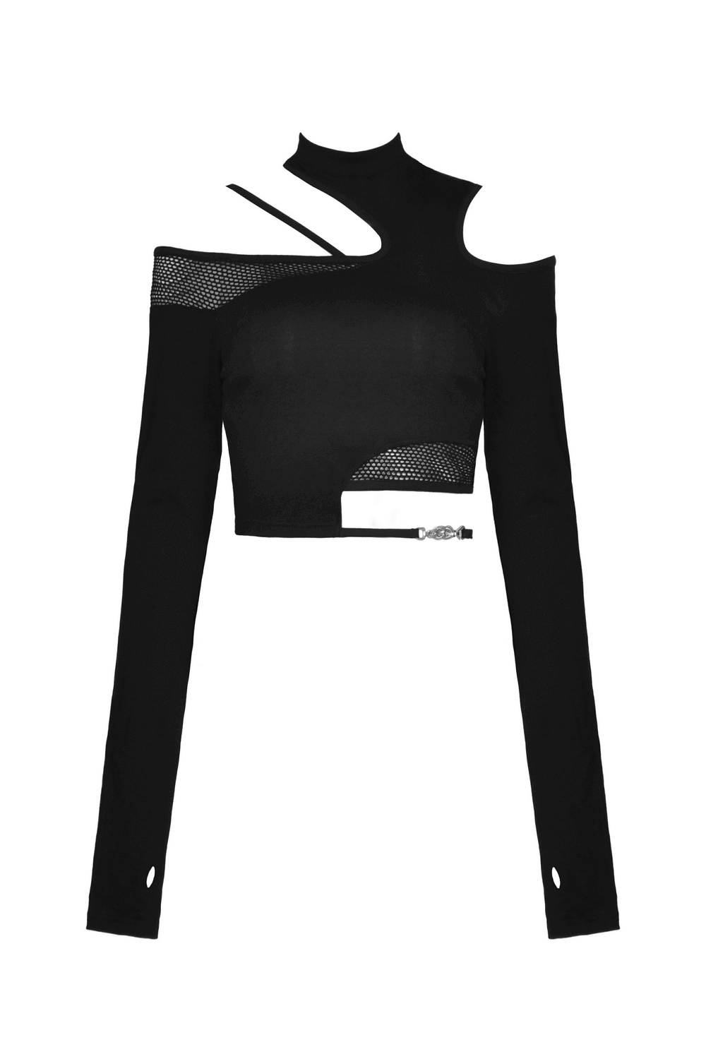 Stylish female asymmetrical black off-the-shoulder top with gothic cut-out long sleeves for a punk rock look.