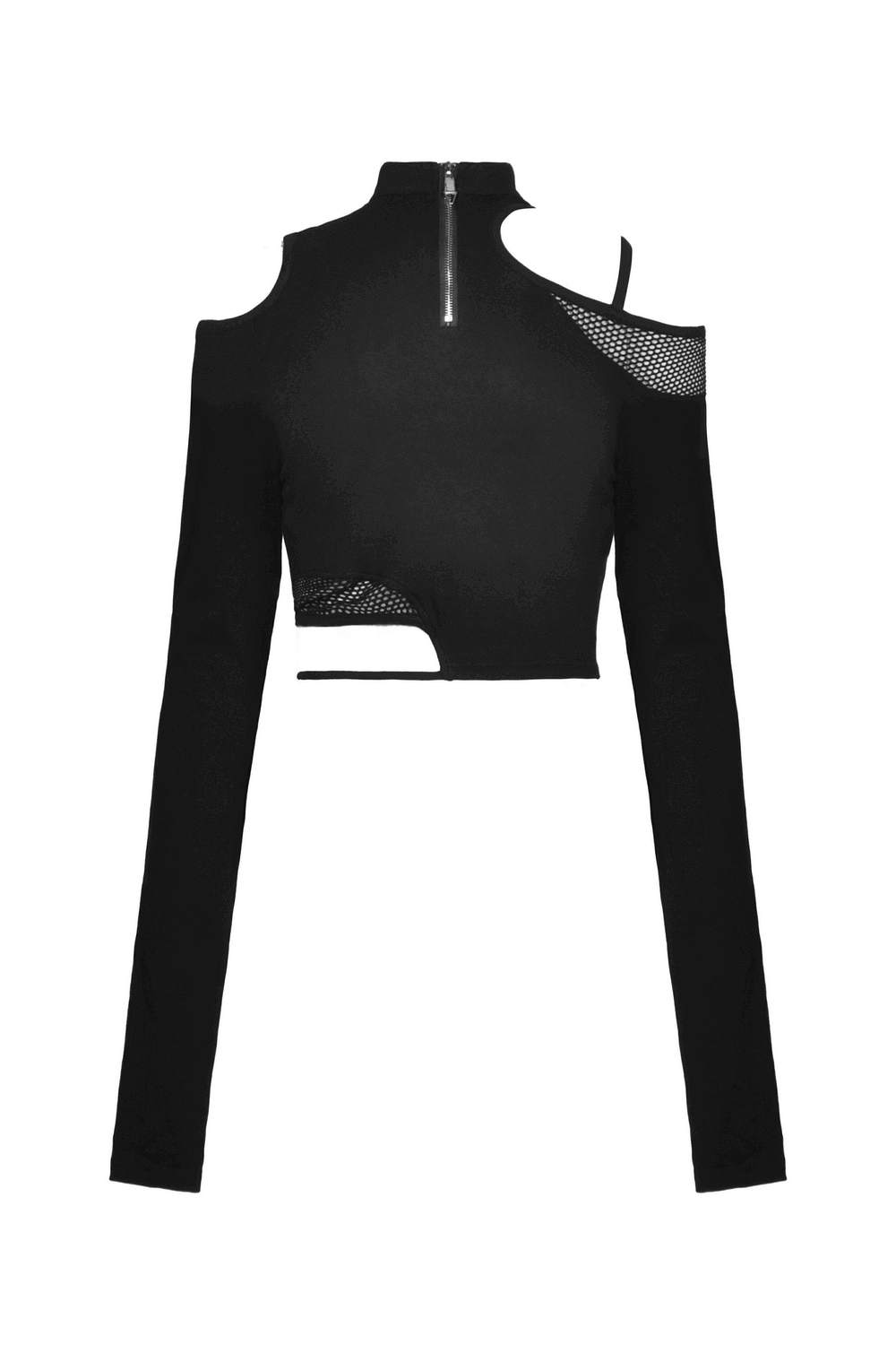 Stylish female black asymmetrical off-the-shoulder punk top with long sleeves and cut-out design.