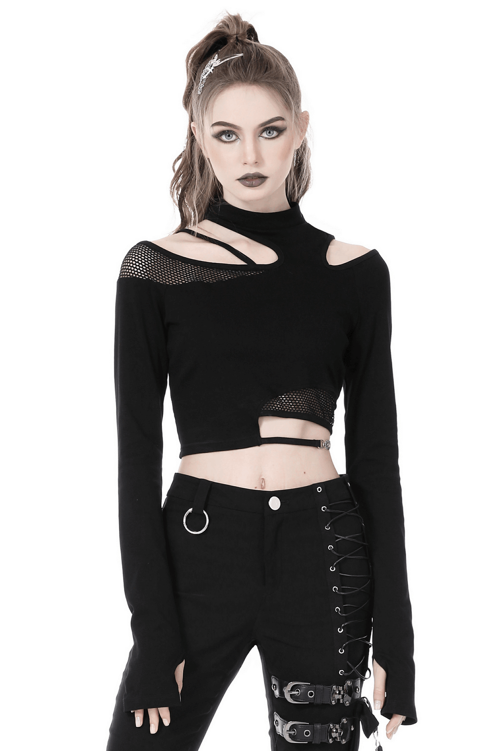 Stylish female in black asymmetrical off-the-shoulder punk top with gothic details, perfect for a dark aesthetic.