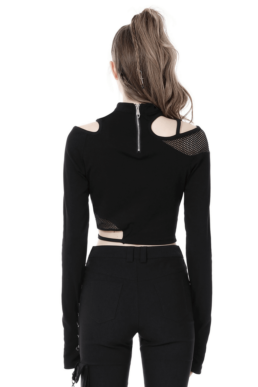 Back view of a stylish black asymmetrical off-the-shoulder punk top with cut-outs and long sleeves.