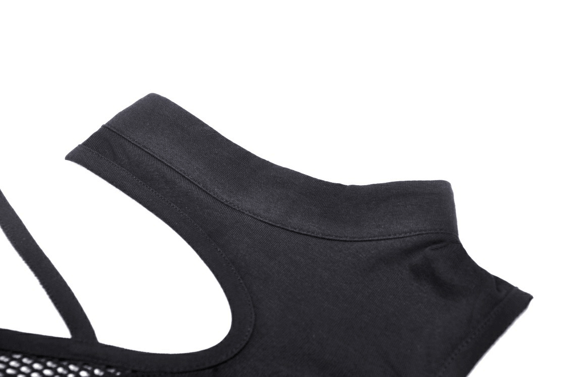 Close-up of stylish black off-the-shoulder punk top highlighting the asymmetrical cut and long sleeves in a dark aesthetic.