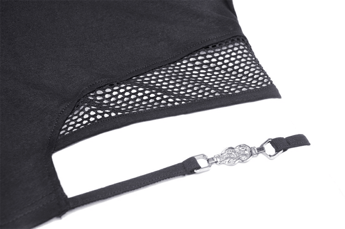 Close-up of black asymmetrical punk top detailing with mesh cut-out and adjustable strap for a gothic style.