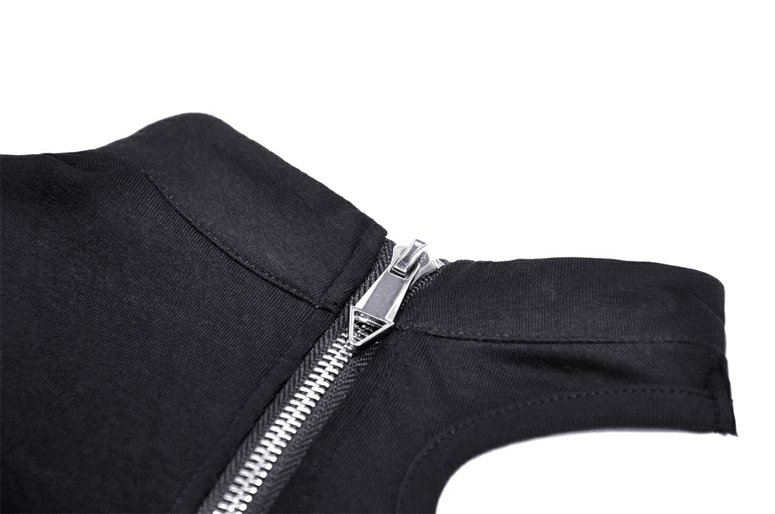 Close-up of stylish black asymmetrical off-the-shoulder top with zipper detail for a punk aesthetic.