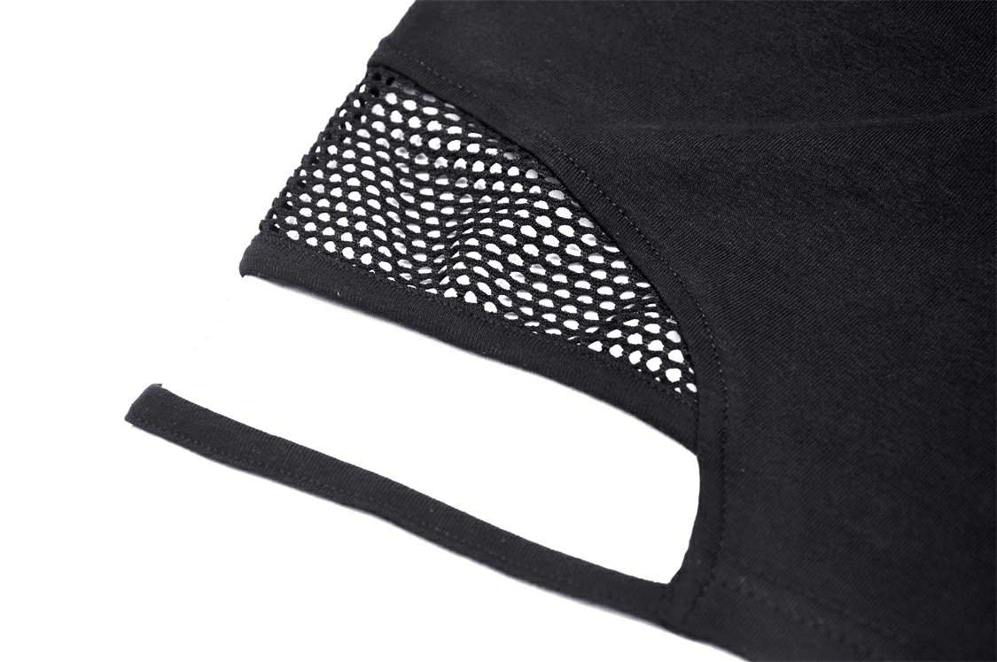 Close-up of stylish black asymmetrical off-the-shoulder punk top showcasing gothic mesh detailing and cut-out design.