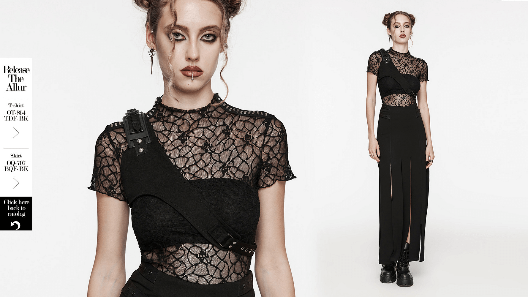 Edgy punk style with black micro twill chest harness and lace top, featuring adjustable straps and O-ring for a bold fashion statement