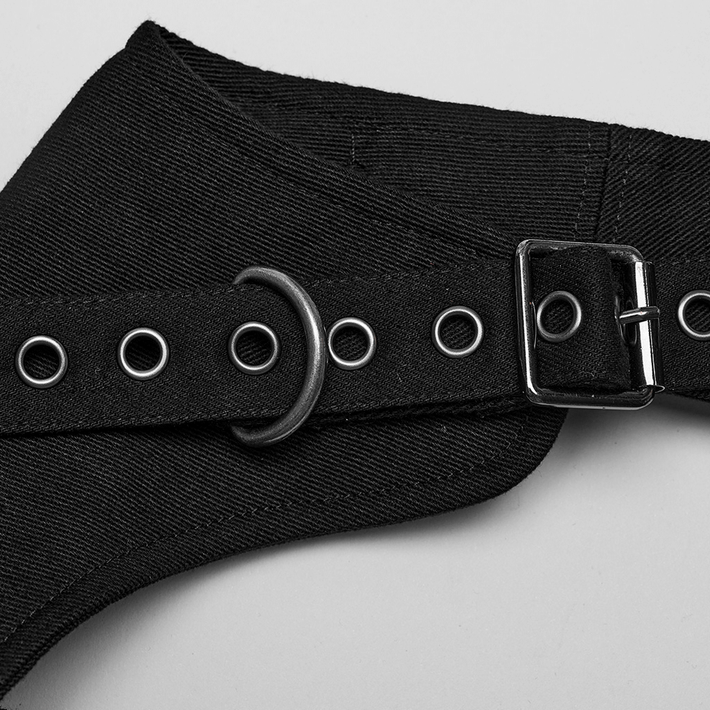 Black micro twill O-ring chest harness with adjustable straps and buckle, showcasing punk style and edgy design.