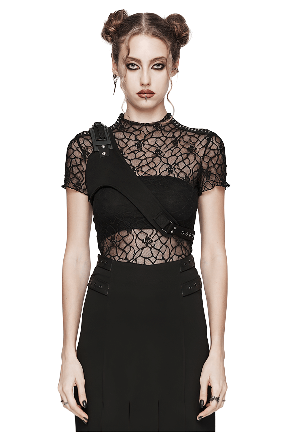 Stylish punk black micro twill O-ring chest harness with a webbing loop, worn over lace top for an edgy look.