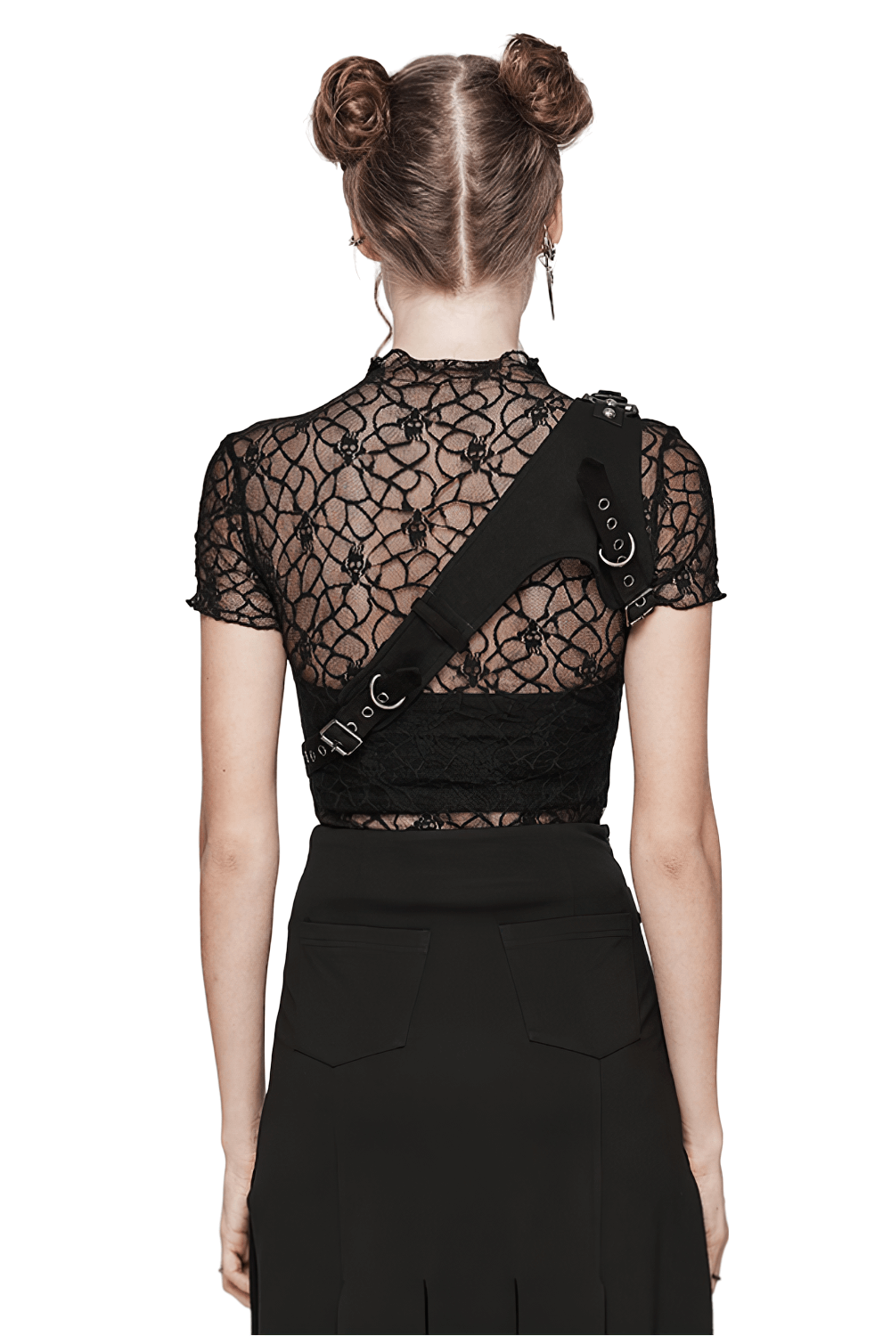 Stylish black micro twill O-ring chest harness with adjustable straps in punk style worn over lace top. Perfect edgy accessory.