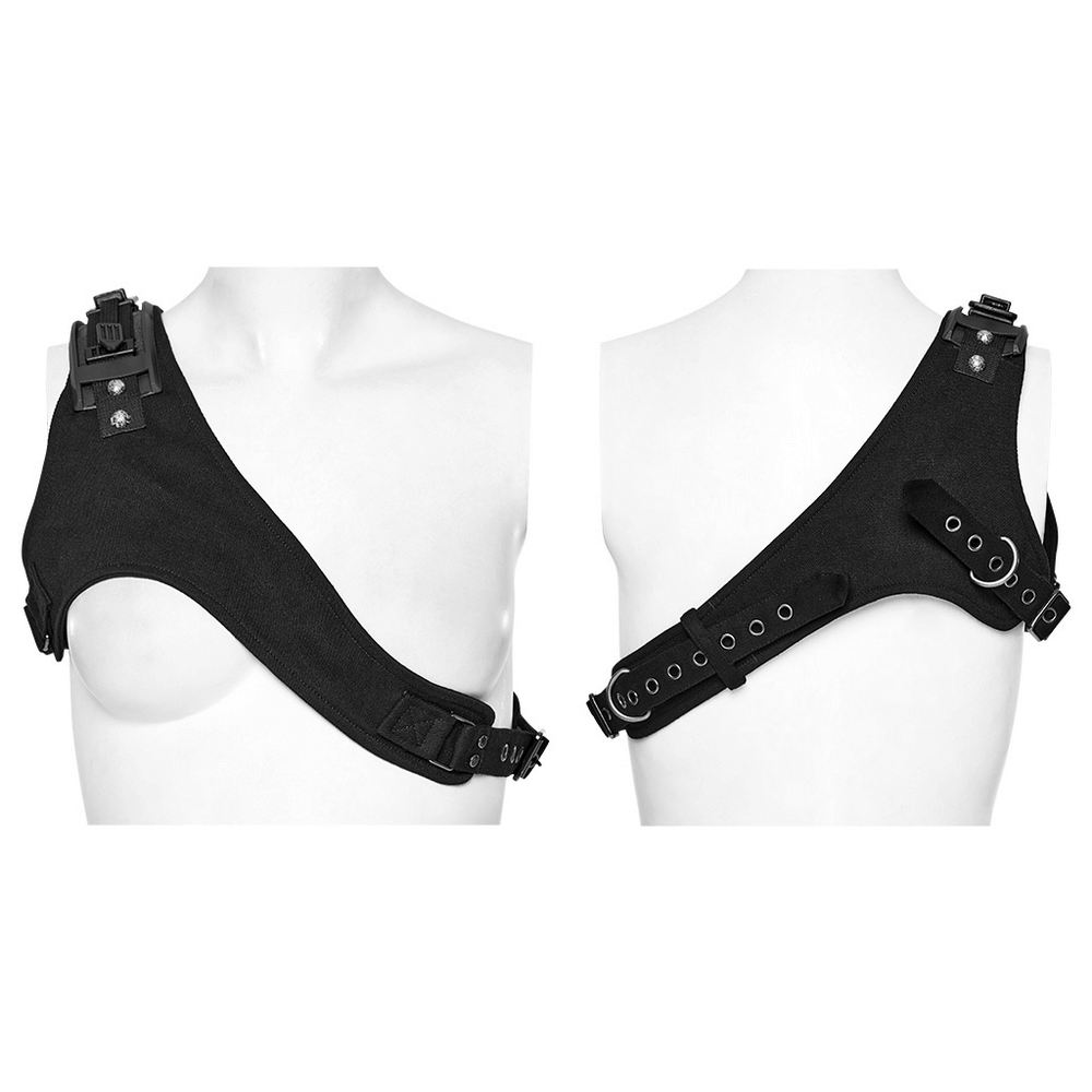 Black micro twill O-ring chest harness with adjustable straps for a stylish punk look, featuring shoulder pad and webbing loop.