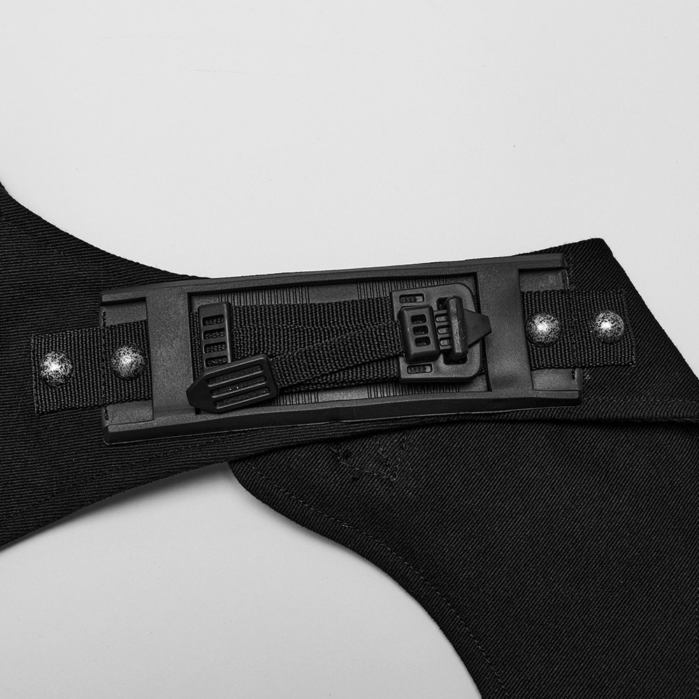 Close-up of black micro twill O-ring chest harness with shoulder pad and adjustable straps showcasing punk style details.