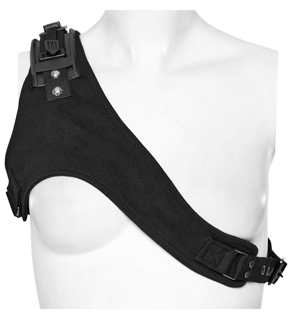 Stylish black micro twill O-ring chest harness with adjustable straps and webbing loop for punk-inspired fashion.