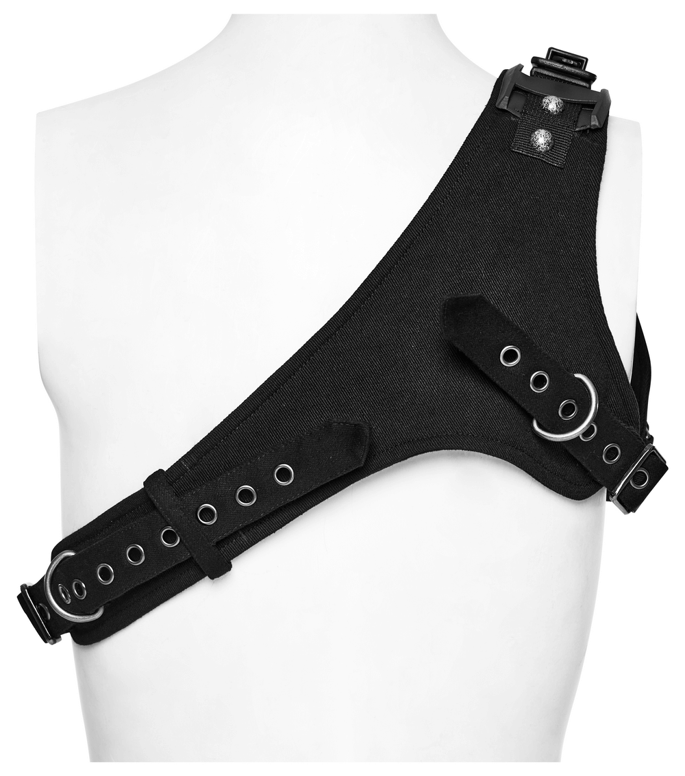 Stylish black micro twill O-ring chest harness with adjustable straps, perfect for adding an edgy punk flair to any outfit.