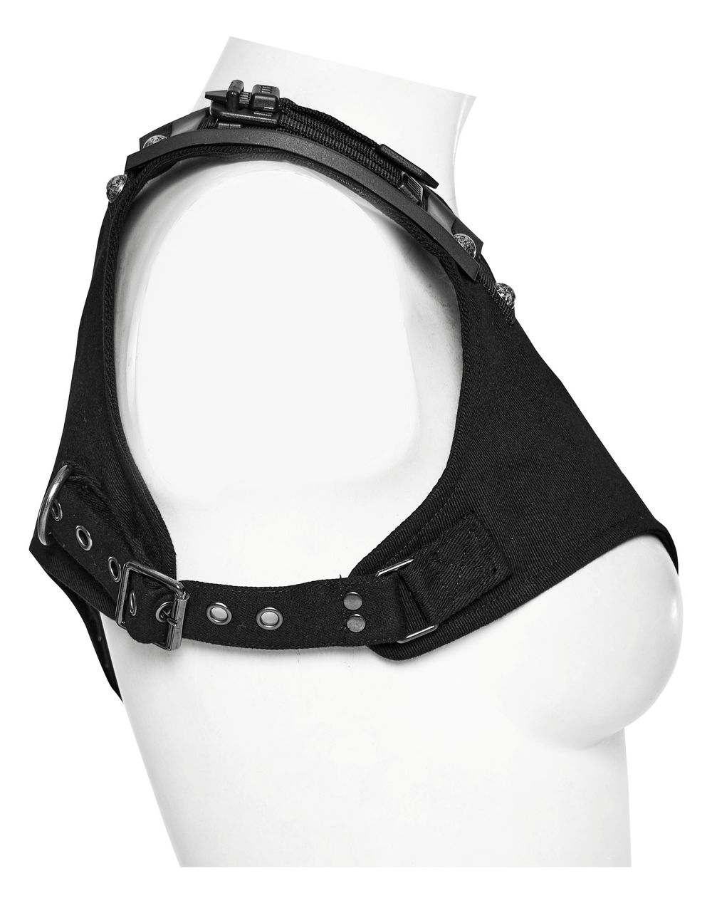 Edgy black micro twill O-ring chest harness with adjustable straps and shoulder pad detail for a stylish punk-inspired look.