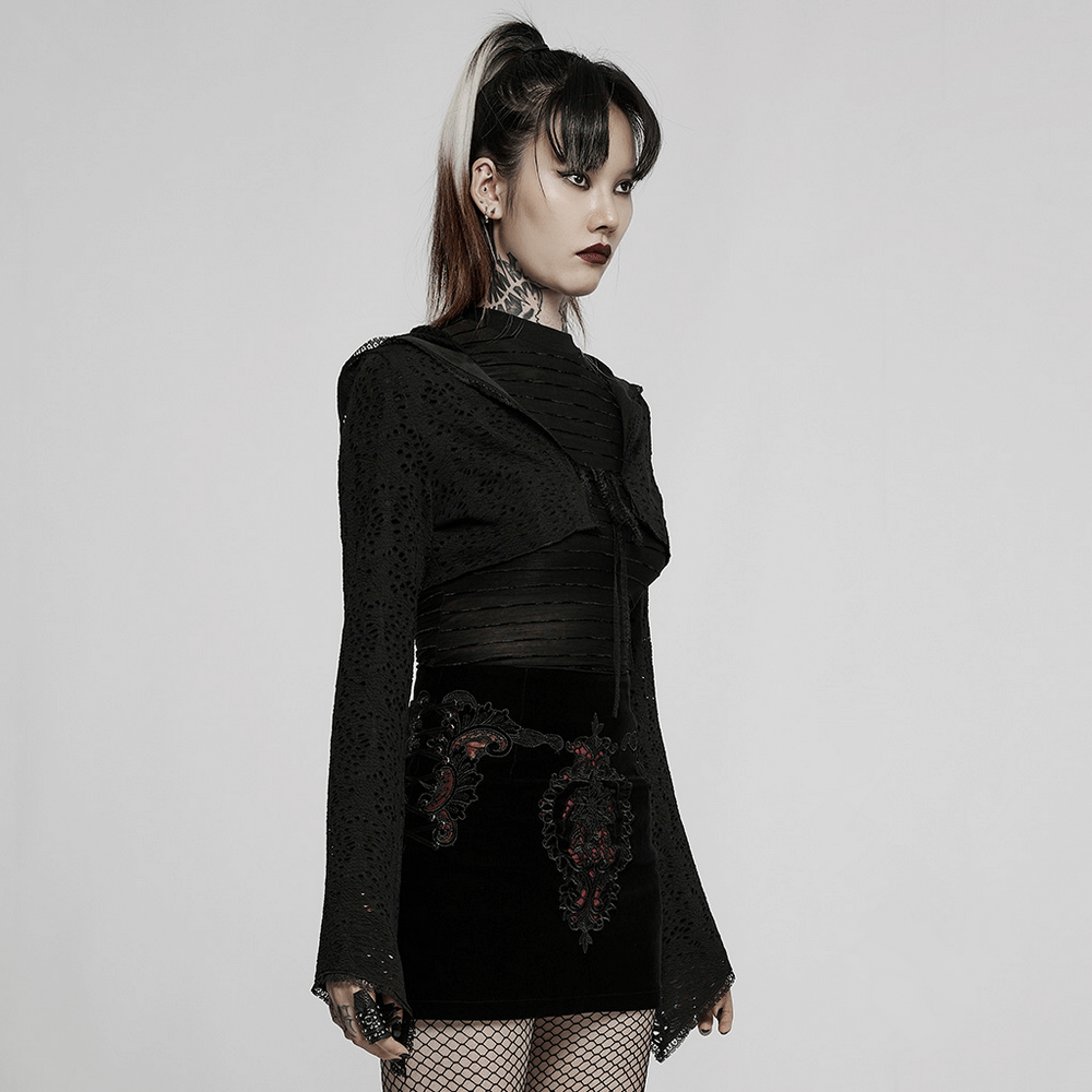 Stylish Female Gothic Black Lace Crop Top with Hood