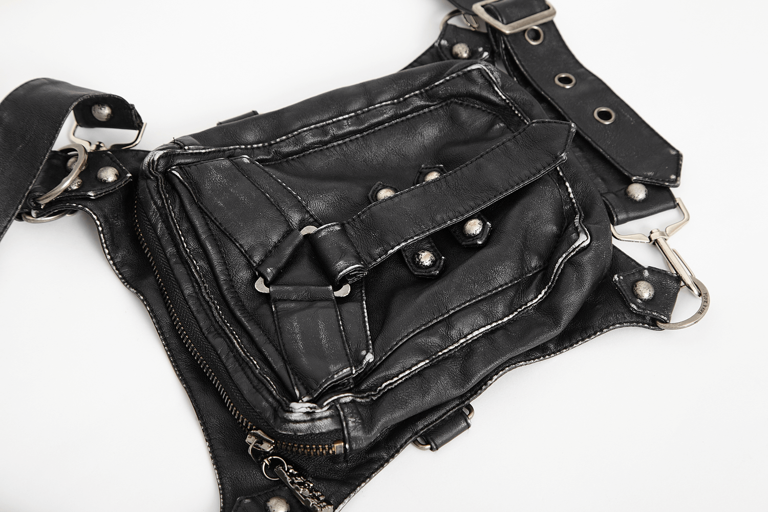 Stylish Gothic black leather waist bag with antique silver hardware, showcasing its punk aesthetic and versatile design.