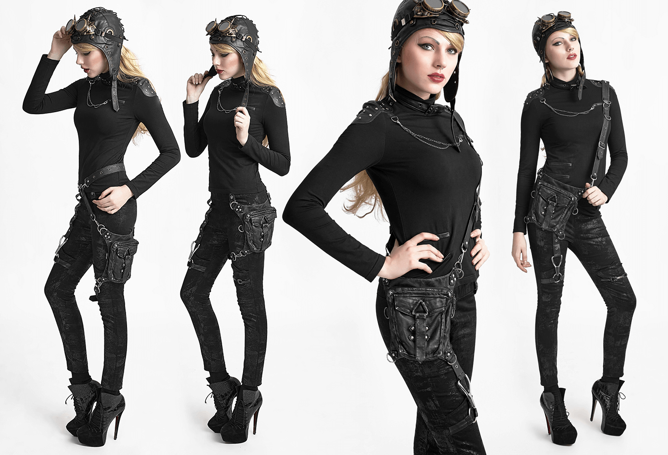 Stylish female model in black outfit showcasing a gothic waist bag with chains and steampunk goggles.