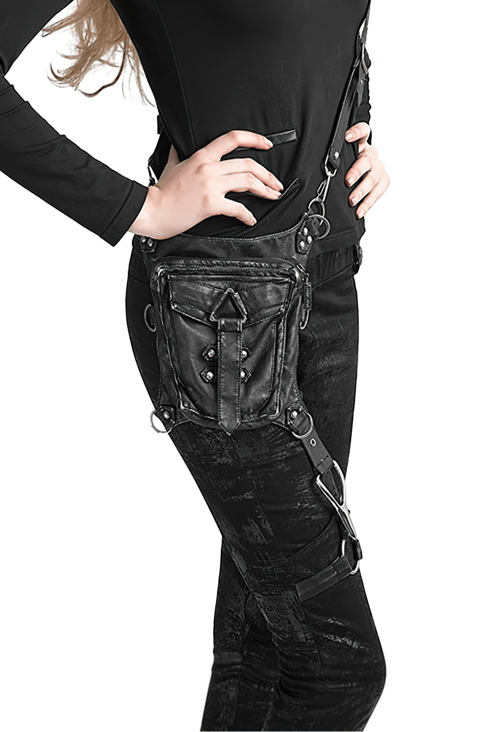 Stylish Female Gothic Black Leather Waist Bag