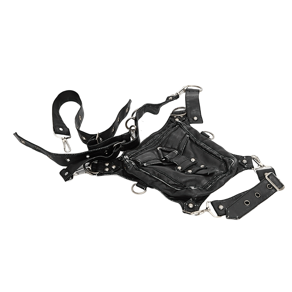 Stylish female gothic black leather waist bag with adjustable straps and antique silver hardware.
