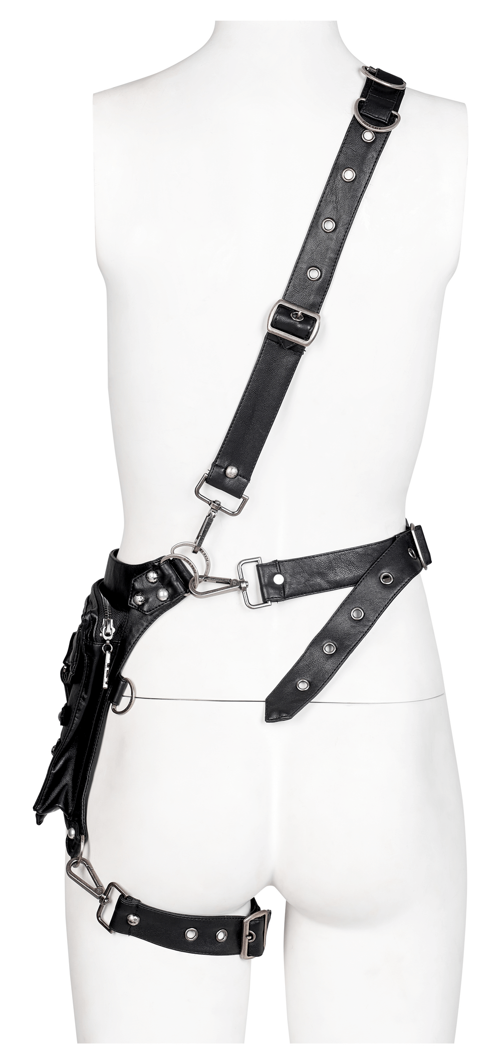 Stylish black leather harness with studded details and adjustable straps, perfect for a punk-inspired outfit.