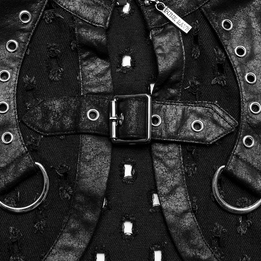 Close-up of gothic black studded waistcoat with buckle and ring details, perfect for punk rock style.