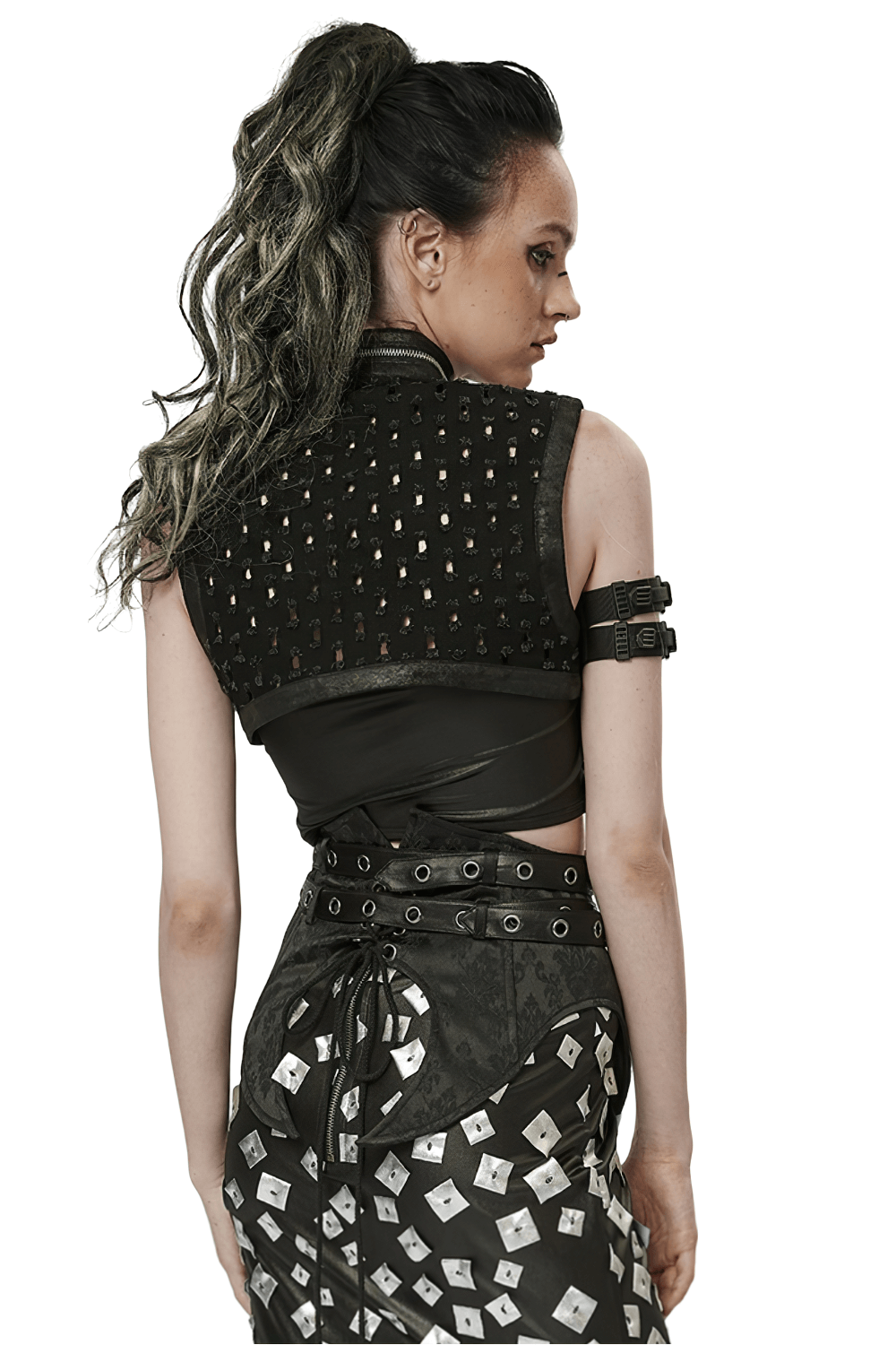 Stylish female gothic black studded waistcoat with edgy design and creative zipper details from Punk Rave.