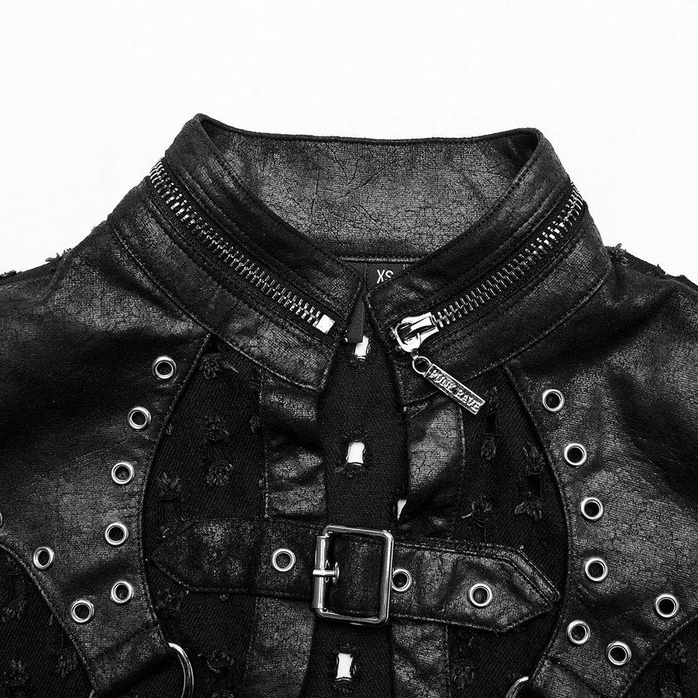 Stylish black studded waistcoat with a stand collar and creative zipper detailing in ripped twill fabric.