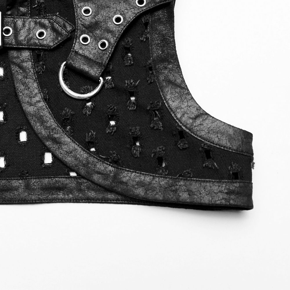 Stylish gothic black studded waistcoat with ripped twill and faux leather accents