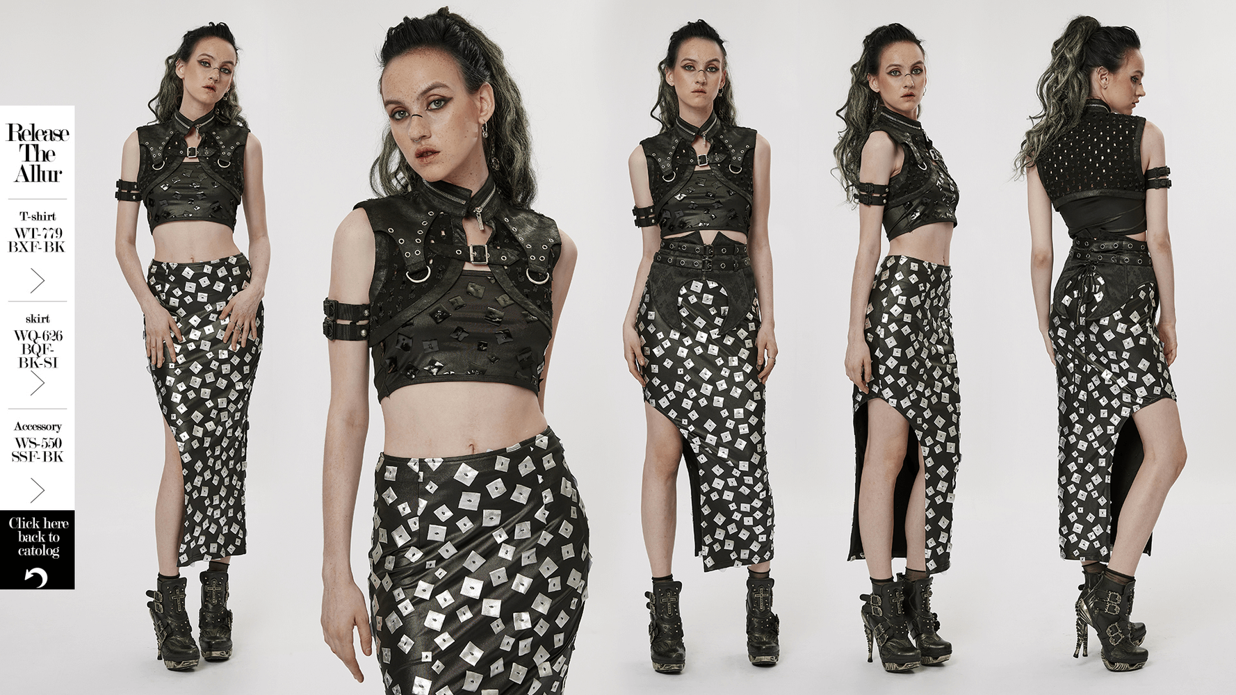 Stylish female model in punk gothic black studded waistcoat and patterned skirt, showcasing edgy fashion vibes.