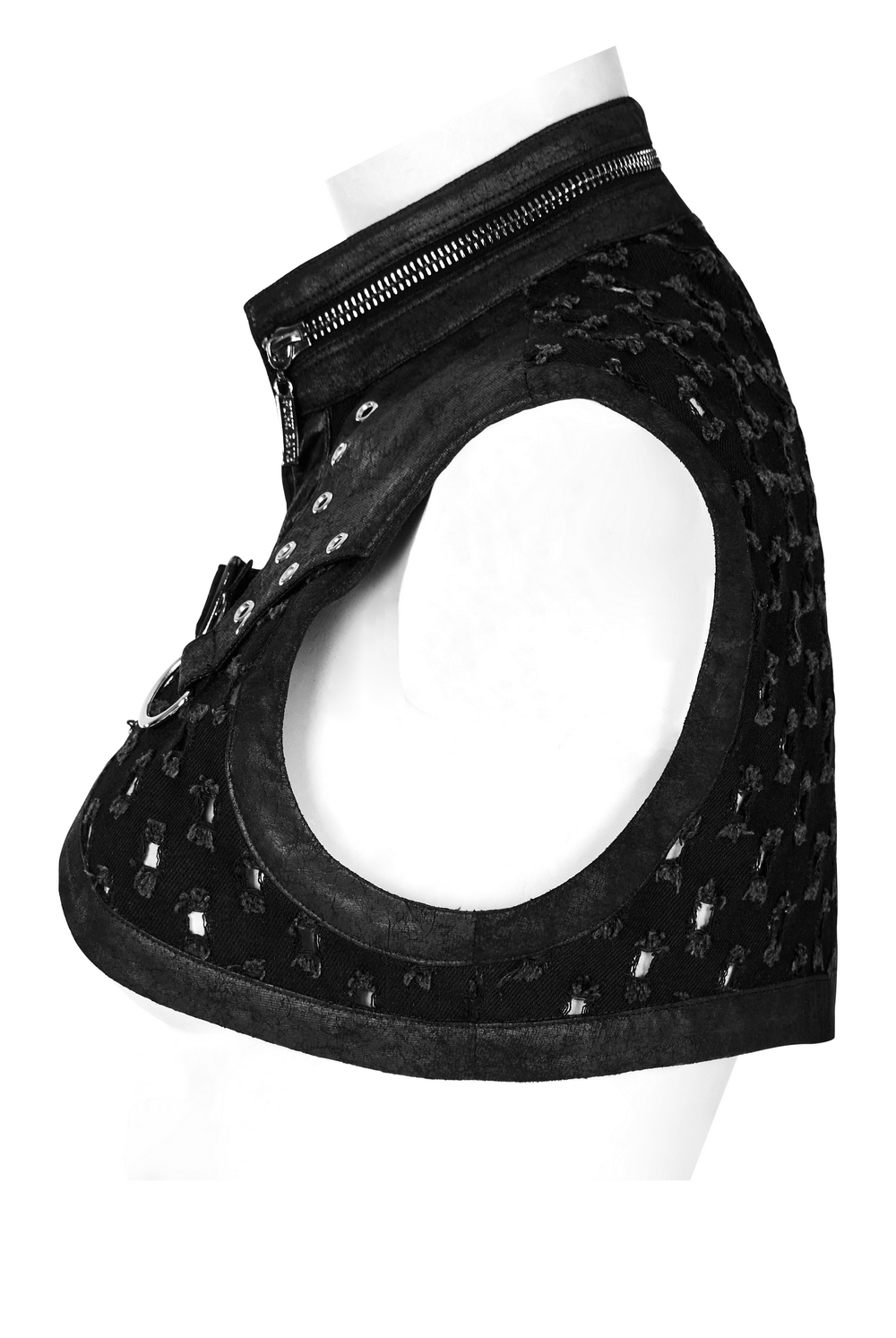 Stylish gothic black studded waistcoat featuring edgy ripped twill fabric and zipper detailing.
