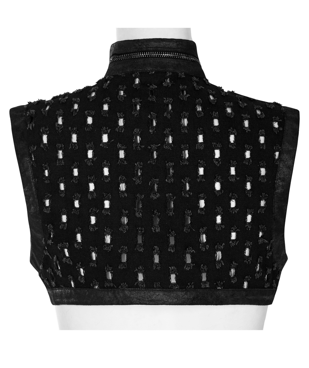 Back view of a stylish female gothic black studded waistcoat featuring ripped twill fabric and zipper detail.