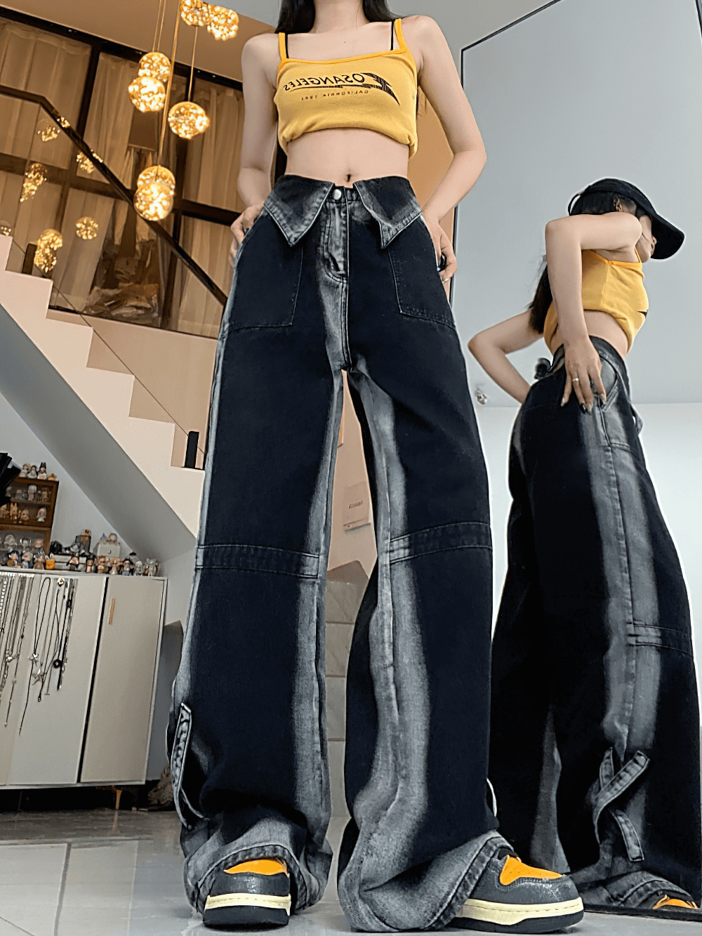 Stylish high waist straight denim pants for women in relaxed fit, showcasing an alternative fashion vibe.