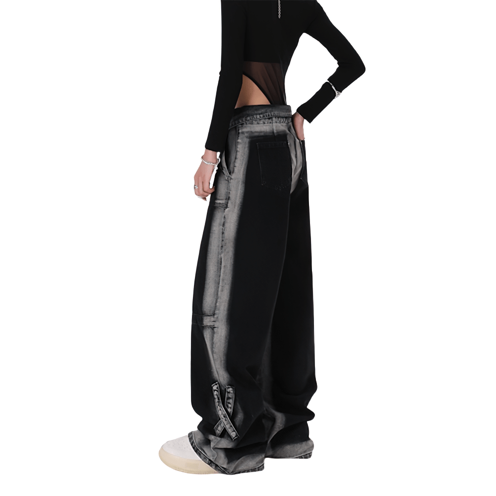 Stylish high waist black straight denim pants for women showcasing an alternative, relaxed fit and edgy style.