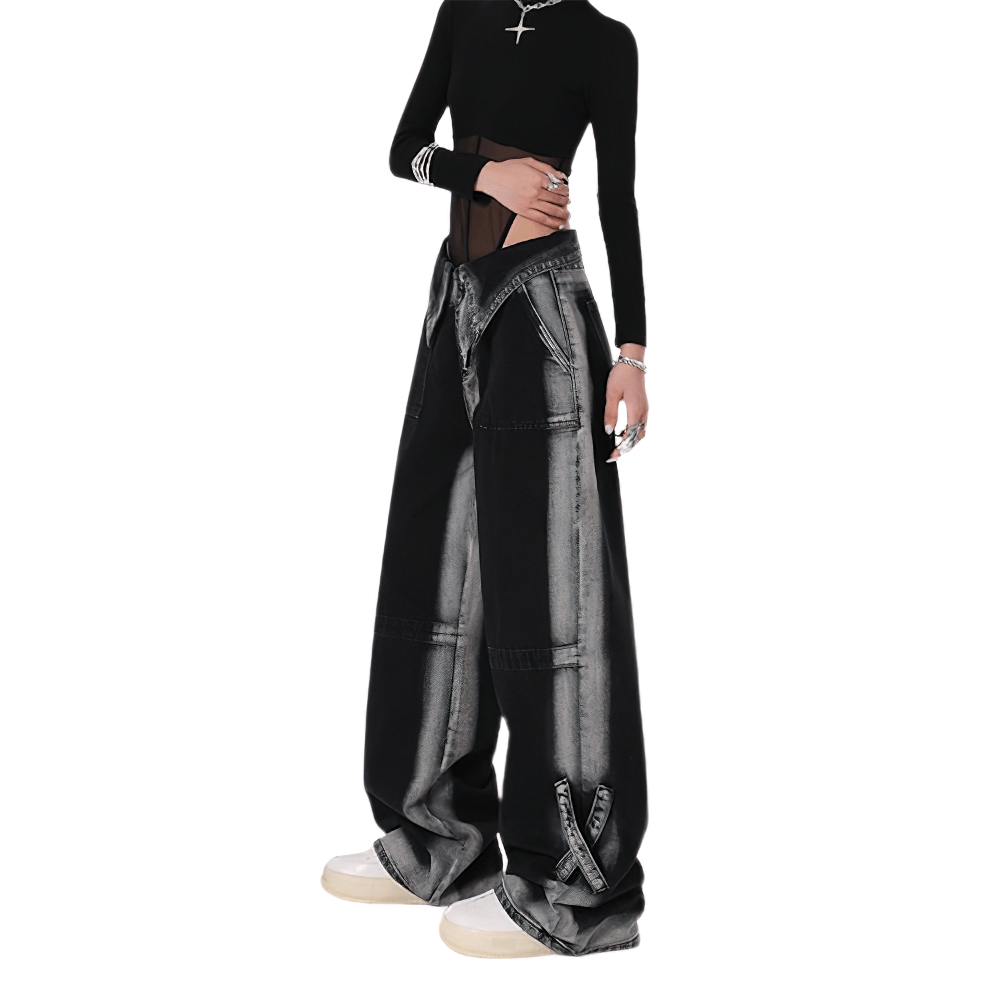 Stylish high waist straight denim pants showcasing an edgy alternative style with a relaxed fit and unique design.