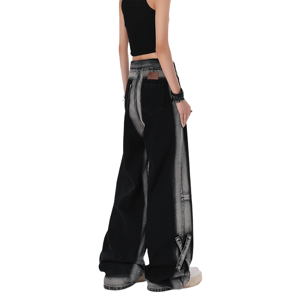 Stylish female in high waist straight denim pants, showcasing alternative fashion with relaxed fit and edgy design.