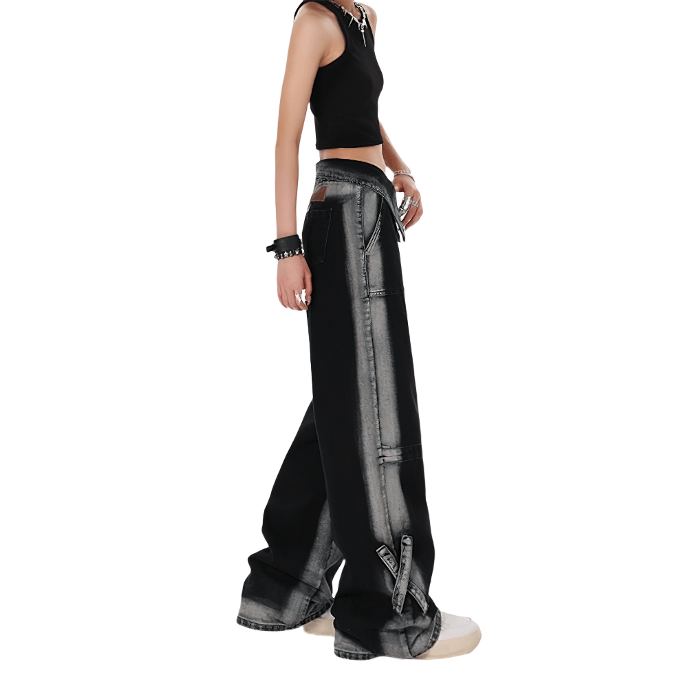 Stylish female in high waist straight denim pants, showcasing alternative fashion with relaxed fit and edgy design.