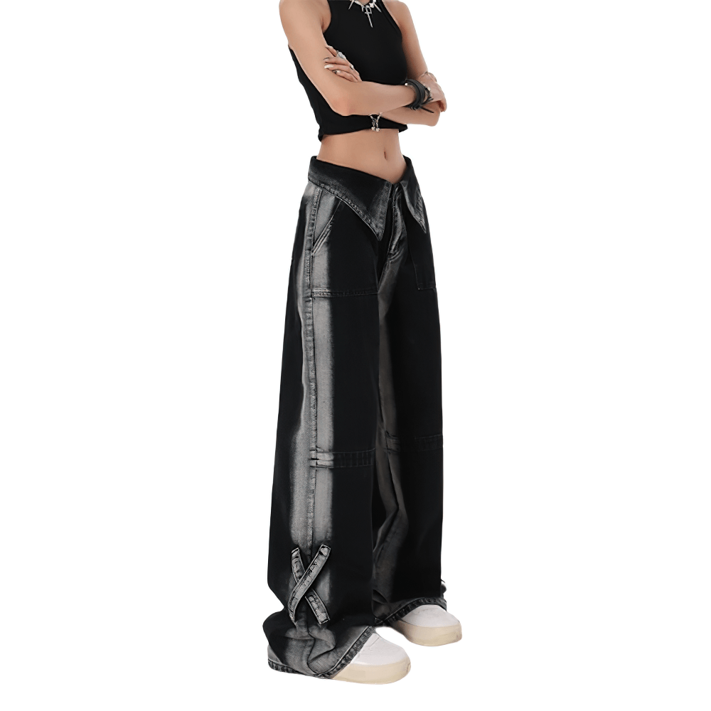 Stylish high waist straight denim pants for women in a relaxed fit, perfect for alternative fashion.