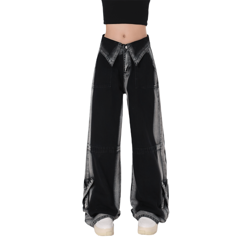 Stylish high waist black denim pants for women, emphasizing alternative fashion and relaxed fit.