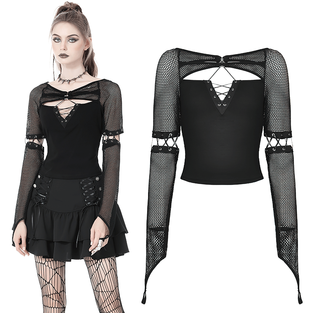 Stylish mesh goth top with lace-up sleeves, perfect for expressing your dark side. Black sheer design with dramatic details.