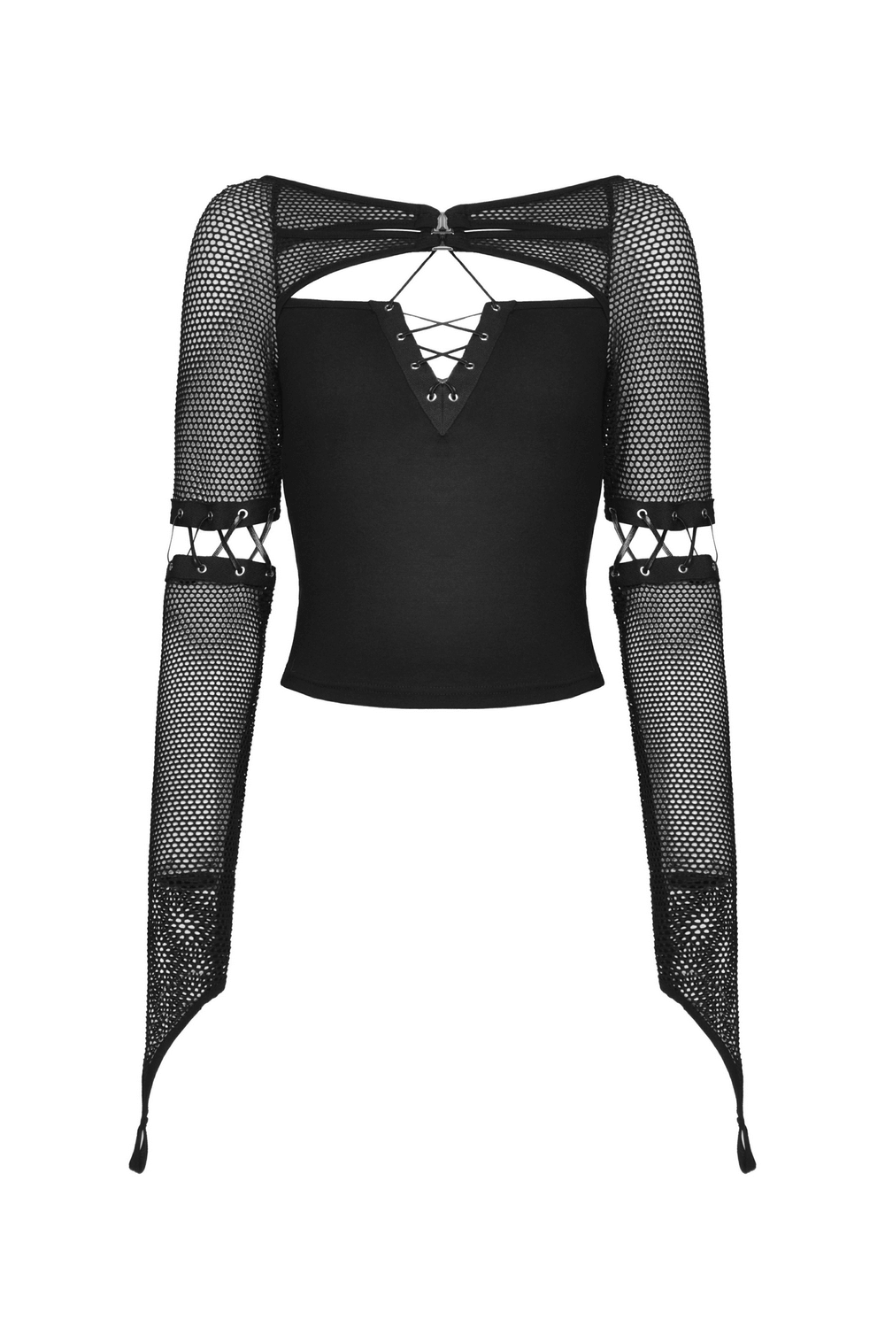 Stylish black mesh goth top with lace-up sleeves for a dramatic and edgy look.