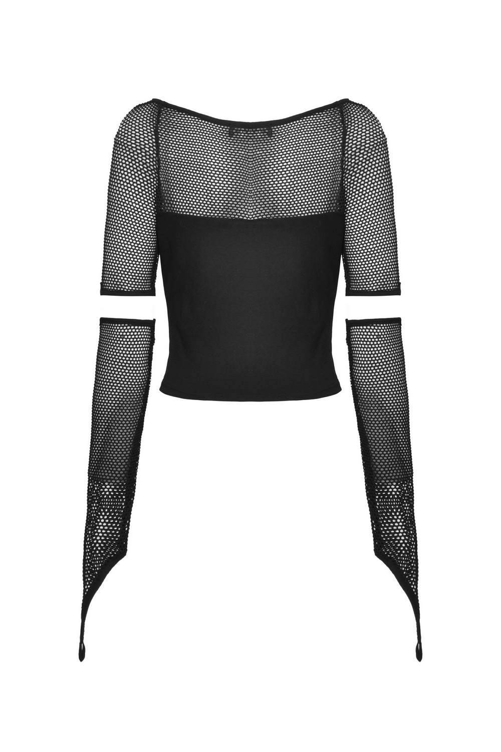 Back view of a stylish female black mesh top with lace-up sleeves, perfect for a goth-inspired outfit.
