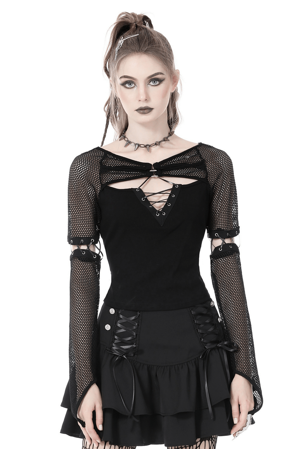 Stylish Female Mesh Goth Top with Lace-Up Sleeves